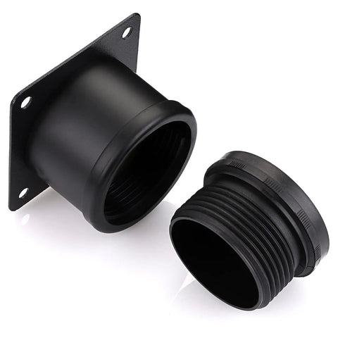 Black metal component with threaded round riser and mounting plate for Four 2 Inch Stainless Steel Furniture Legs Set With Adjustable Round Riser Feet