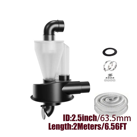 2.5 Inch Woodworking Cyclone Dust Collector With Straight Up Heavy Duty Build And Knockout Turbo Suction Plus Double Filter System DIY Industrial Separator with attached hose.