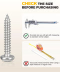 Rock Solid 304 Stainless Steel Phillips Pan Head Self Tapping Screws Number 10 By 4 Inch with a caliper for size checking.