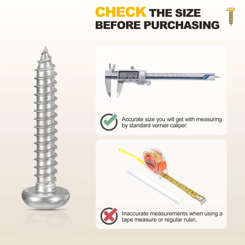 Rock Solid 304 Stainless Steel Phillips Pan Head Self Tapping Screws Number 10 By 4 Inch with a caliper for size checking.