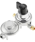 Propane gas regulator, two-stage RV auto-changeover, chrome finish with black control lever and brass fittings