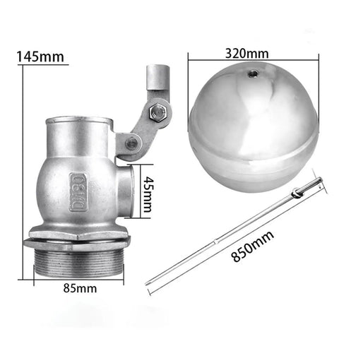 3 Inch Stainless Steel 304 Float Valve Ball For Water Tank, Tank Float Valve With Ball Valve Assembly shown with 320mm ball and 850mm rod