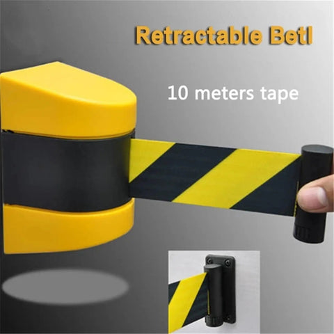 Wall Mounted Retractable Safety Belt With Slick Quick Deploy Mechanism And Tough As Nails Yellow Black Caution Tape For Smooth Crowd Control And Solid Area Separation Keeping Folks In Check With Zero Hassle