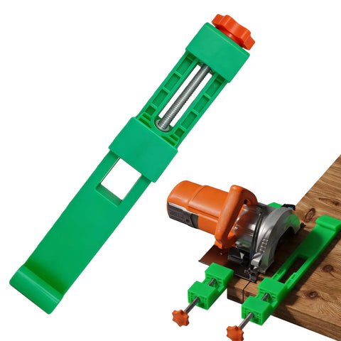Extended Adjustable Cutting Base Guide With Upgraded Length And Clamp System For Pro Grade Precision Circular Saw Wood Cutting Perfect For Pros And DIY Enthusiasts Seeking Stable Accurate Cuts. Green base guide with circular saw.