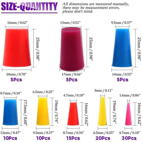 Super Duper 100 Pcs High Heat Silicone Rubber Tapered Plugs Assortment Kit For Powder Coating And Painting, Ultimate Masking System That Sticks Around And Makes Things Look Totally Fresh! size chart of assorted tapered silicone plugs