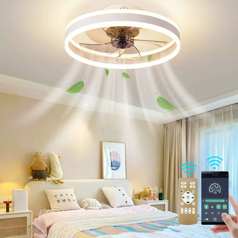 20 Inch Smart Ceiling Fan With Remote And App Control And Light in bedroom, showing bladeless design and adjustable speeds
