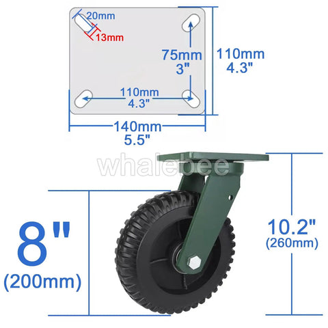 Solid As A Rock Heavy Duty Caster Set Of Four With Swivel Plate Locks And Fixed Mounts Using Thick Rubber Tires That Roll Smooth Under 4000 Pounds For Stress Free Home Improvement Projects with 8" rubber wheel dimensions.