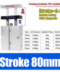 Rock Solid Dual Rod Air Cylinder With Precision Guided Piston Actuator showing stroke details, bore sizes, and specs for machine shop use.