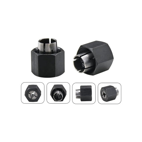 Two Pack 1/4 Inch And 1/2 Inch Router Collet Set for 1613, 1613EVS, 1617 models, black steel hexagonal design