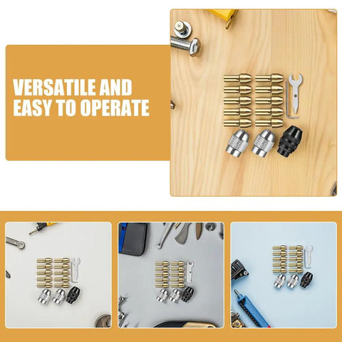 Copper Collet Chuck Set With Nut For Grinders And Drill Presses, 32 Piece Die Collet Kit on wooden surface with tools