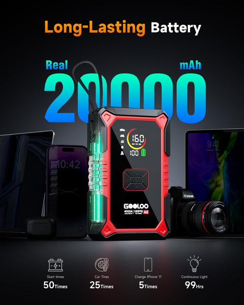 4 In 1 Jump Starter With Air Compressor And Tire Inflator, 4000A Car Battery Booster, 20000mAh Power Bank, LED Display