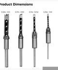 Four Piece Square Hole Drill Bit Set Made From Heat Treated High Speed Steel Mortising Chisels with product dimensions displayed.