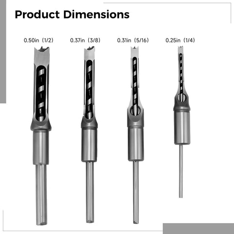Four Piece Square Hole Drill Bit Set Made From Heat Treated High Speed Steel Mortising Chisels with product dimensions displayed.