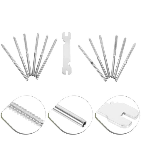 Set of beefy stainless steel threaded lag screws with spanner, ideal for heavy duty cable deck railing and tensioning systems.