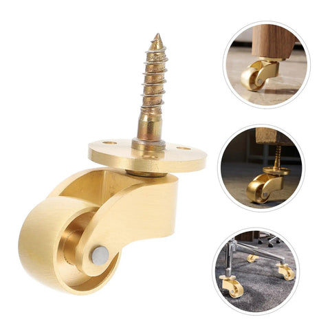 4-Pack Brass Heavy Duty Furniture Casters Gliding Smooth As Silk With 360 Swivel Capability To Move Heavy Loads Across Floors Effortlessly While Protecting Surfaces With Durable Rubber Pads close-up of a brass caster wheel with screw mount.
