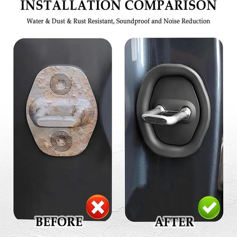Rock Solid Silicone Car Door Lock Covers For Nissan Rogue 2008 To 2025 installation comparison, before rusty lock, after silicone cover, waterproof design.
