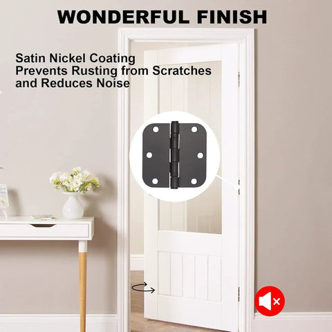 Matte Black Door Hinges 3.5 By 3.5 Inch Heavy Duty Interior Hinge Set, 48 Pack, on white door showcasing satin nickel coating.
