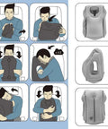 Illustration of Inflatable Travel Pillow With 3D Eye Mask And Earplugs showing usage in different sleeping positions.