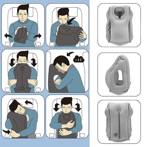 Illustration of Inflatable Travel Pillow With 3D Eye Mask And Earplugs showing usage in different sleeping positions.