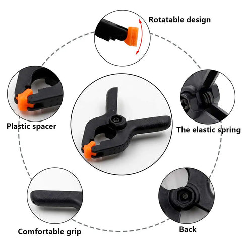 20 Piece Adjustable Nylon Mini Spring Clamps Two Inch Muslin Clamps for Photo Studio Backdrops showing rotatable design and elastic spring.