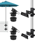Rugged Deck Railing Umbrella Stand Clamp For Patio Fence Mount Adjustable Post Parasol Holder For Outdoor Balcony Porch Clip On Parasol Base For Courtyard Fits Poles 1.25 To 1.9 Inches Black with mounting details and attachments.