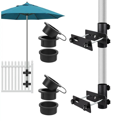 Rugged Deck Railing Umbrella Stand Clamp For Patio Fence Mount Adjustable Post Parasol Holder For Outdoor Balcony Porch Clip On Parasol Base For Courtyard Fits Poles 1.25 To 1.9 Inches Black with mounting details and attachments.