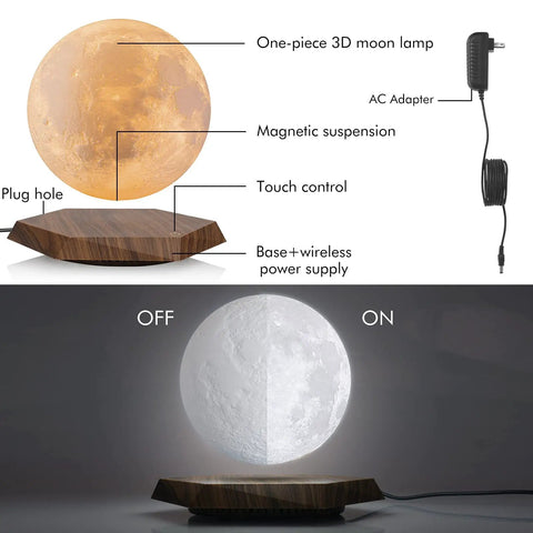 Levitating Moon Lamp With 3 Color Modes Magnetic Floating Moon Light Spins In Air 3D Printing Style, showing off and on modes