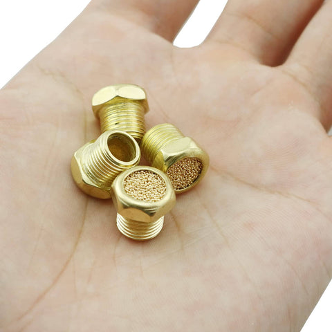 Four Piece Sintered Bronze Breather Vent Kit One Eighth Inch NPT For Single Acting Cylinders Or Valves in hand view.
