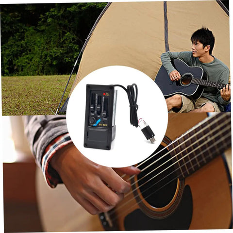 Acoustic Guitar Pickup With 3 Band EQ 505R Preamp And Piezo Transducer Black Folk Guitar in use, outdoor and close-up views