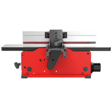 Benchtop Jointer Becomes A Real Workhorse For Woodworking, 22,000 Cuts Per Minute, 10 Amp Corded Power, Variable 6,000 To 11,000 RPM, Two Knife Cutter Head With Easy Knife Changes And Leveling For Fast Setups, Built To Last side view showing the red and grey body, knife cutter head, and adjustable settings.