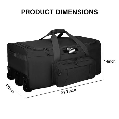 Amazon WOLT 120L rolling duffle bag, front view, black with wheels and front zip pocket