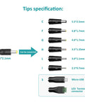 Do It All 24W AC To DC Power Adapter Kit tip specifications showing 8 interchangeable DC plugs for various devices