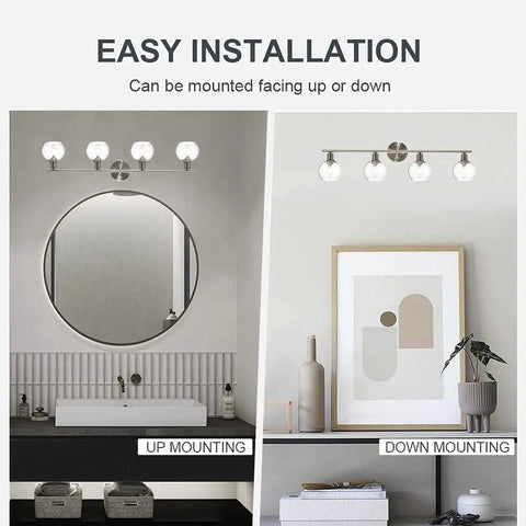 Four Light Vanity Lighting Fixture With Globe Seeded Glass Shades In Brushed Nickel Finish For Over Mirror Bathrooms Industrial Modern Style E12 Compatible Delivers Warm Vibe With A Dope Next Level Look mounted in bathroom and living area