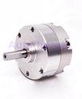 Close-up of Dual Shaft Single Vane Rotary Actuator Pneumatic Air Cylinder Swing Unit, compact design with metallic build.