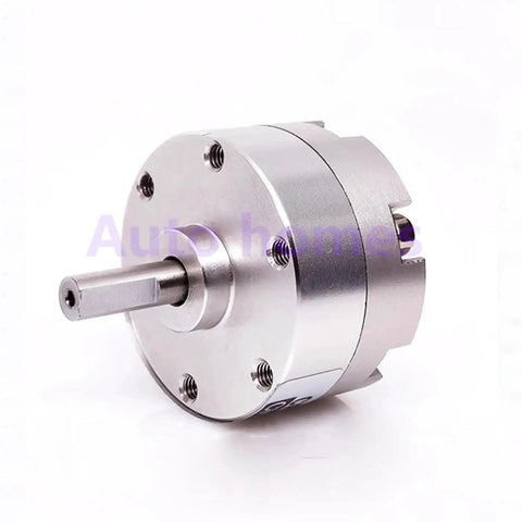 Close-up of Dual Shaft Single Vane Rotary Actuator Pneumatic Air Cylinder Swing Unit, compact design with metallic build.
