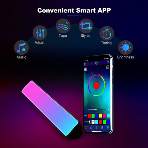 Flow Light Bar RGB Smart LED Lamp With Music Sync, smartphone app controls brightness and lighting effects, 16 lighting effects.