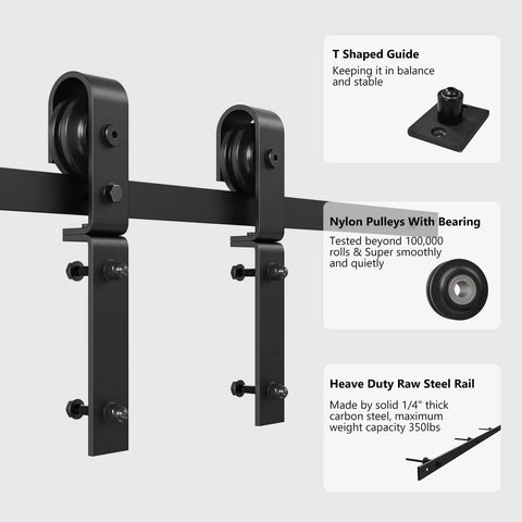 2.5Ft Bi Folding Sliding Barn Door Hardware Track Kit For Two Doors, Black Roller Kit With J Shape Track, close-up of rollers and rail