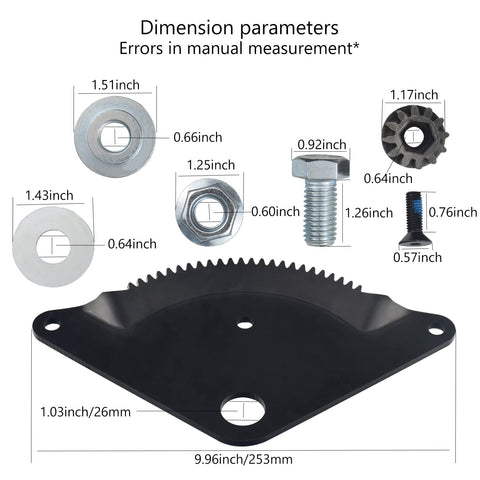 Steering Gear Rebuild Kit With Sector Plate Fits Craftsman AYP Poulan Weedeater Jonsered And Electrolux Lawn Mowers And Garden Tractors Replace Models 587738906 532194747 194732 532194732 Easy Install showing sector plate and hardware dimensions