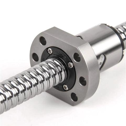Close-up of SFU1605 Ballscrew Kit with End Machined Ballnut Housing HM12 showing steel construction and precision threading.
