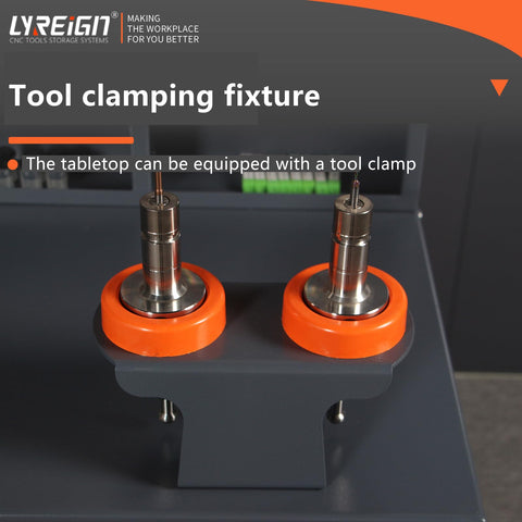 Tool clamping fixture with orange rubber holders for secure tool placement on workshop tabletop, compatible with CNC operations.