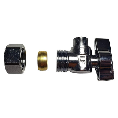 Beefy Brass One Quarter Turn Angle Stop Valve Chrome Plated Heavy Duty One Half In Nominal Five Eighths In OD Compression X Three Eighths In Compression Less Ferrule And Nut Ten Pack Contractor, parts shown separately