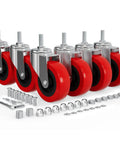 Set of 6 red 2.5 Inch Heavy Duty Swivel Caster Wheels for Mechanics Carts with M8 Threaded Stem and hardware