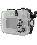 Underwater Housing For Sony ZV-E10 With Dome Port, Waterproof To 40 Meters 130 Feet, rear view showing full button access.