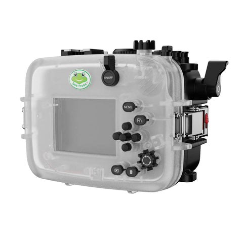 Underwater Housing For Sony ZV-E10 With Dome Port, Waterproof To 40 Meters 130 Feet, rear view showing full button access.