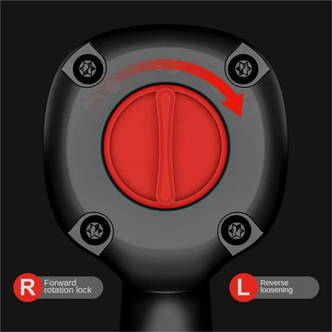 Close-up of the forward and reverse rotation switch on Shop Grade Impact Pneumatic Wrench for heavy-duty torque tasks.