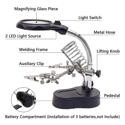 Desktop LED Magnifying Glass Soldering Station with dual 3.5X and 12X magnification, LED lights, alligator clips, and 360° metal hose.