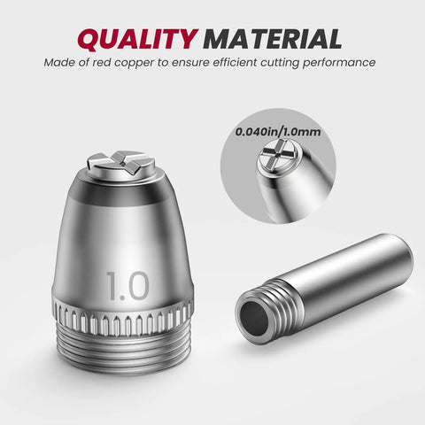 Close-up of nozzles and electrode from All-In-One Pro-Grade Plasma Cutter Consumables Kit For AG60P SG-55 WSD-60 Torch Includes 20 Nozzles 20 Electrodes 5 Shield Cups 5 Wire Guides 0.040 Inch For Cut55i And Cut65i