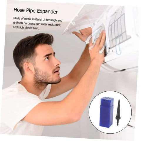 Man using electric tube expander with hexagonal handle for HVAC copper pipes, high temperature resistance and durable metal construction.