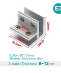 Stainless Steel Cabinet Shelf Clips Two Piece Glass Clamp Kit with dimensions for secure panel position shown