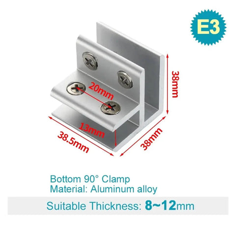 Stainless Steel Cabinet Shelf Clips Two Piece Glass Clamp Kit with dimensions for secure panel position shown
